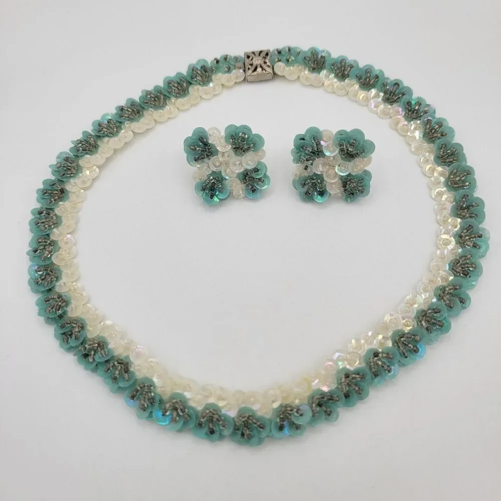 Vintage 1950s Aqua Sequin Necklace & Earrings Set